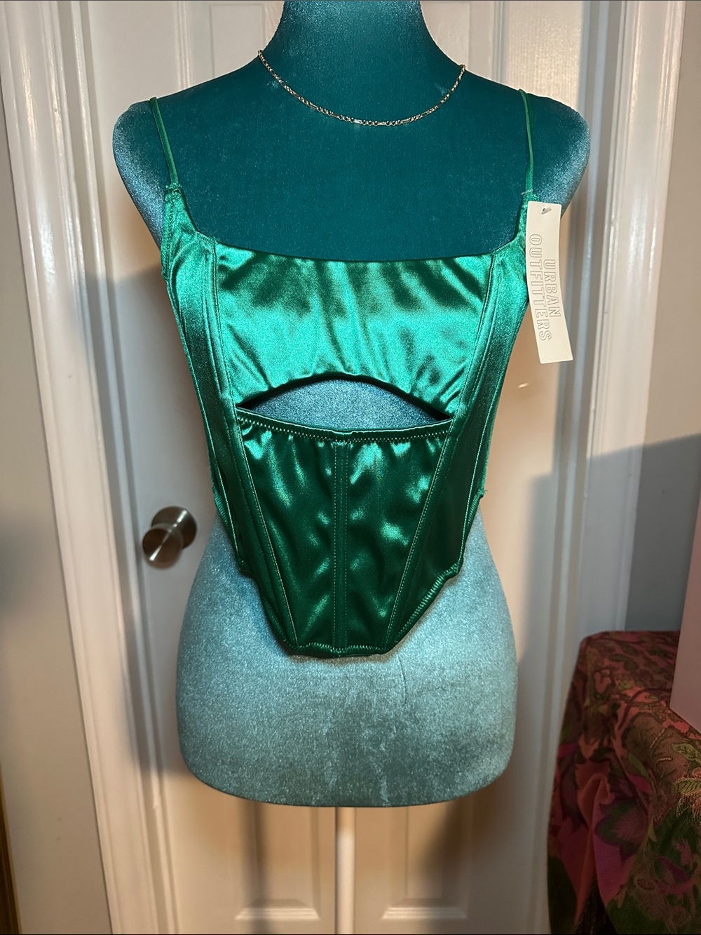 Urban Outfitters Green Satin Corset Tank with Front Cutout